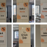 Affichettes montrant le nom des salles dans le centre de formation Cetalion à Clermont-Ferrand : Bourg Palette, Narnia, Springfiled, Gotham, La Grande Salle, Central Perk. Des noms issus de la pop culture qui reflètent la modernité et l'ambiance du centre.